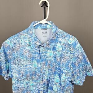 IZOD Men's Tropical Short Sleeve Button-Up Shirt Blue Green Beige Size XL